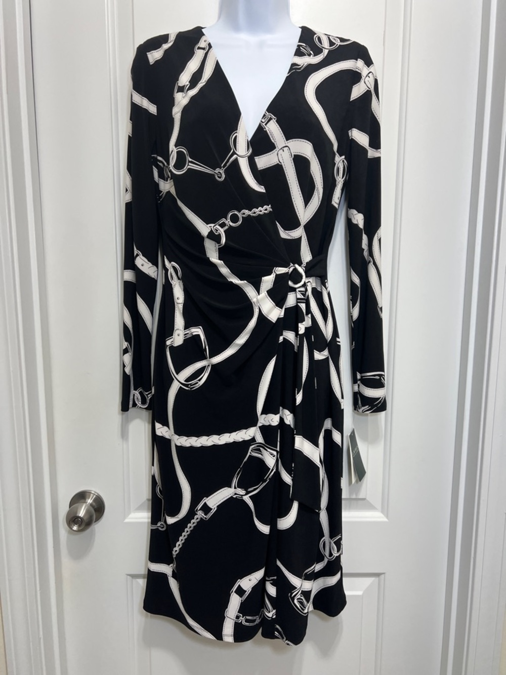 Black & Cream Wrap-Style Long Sleeve Dress